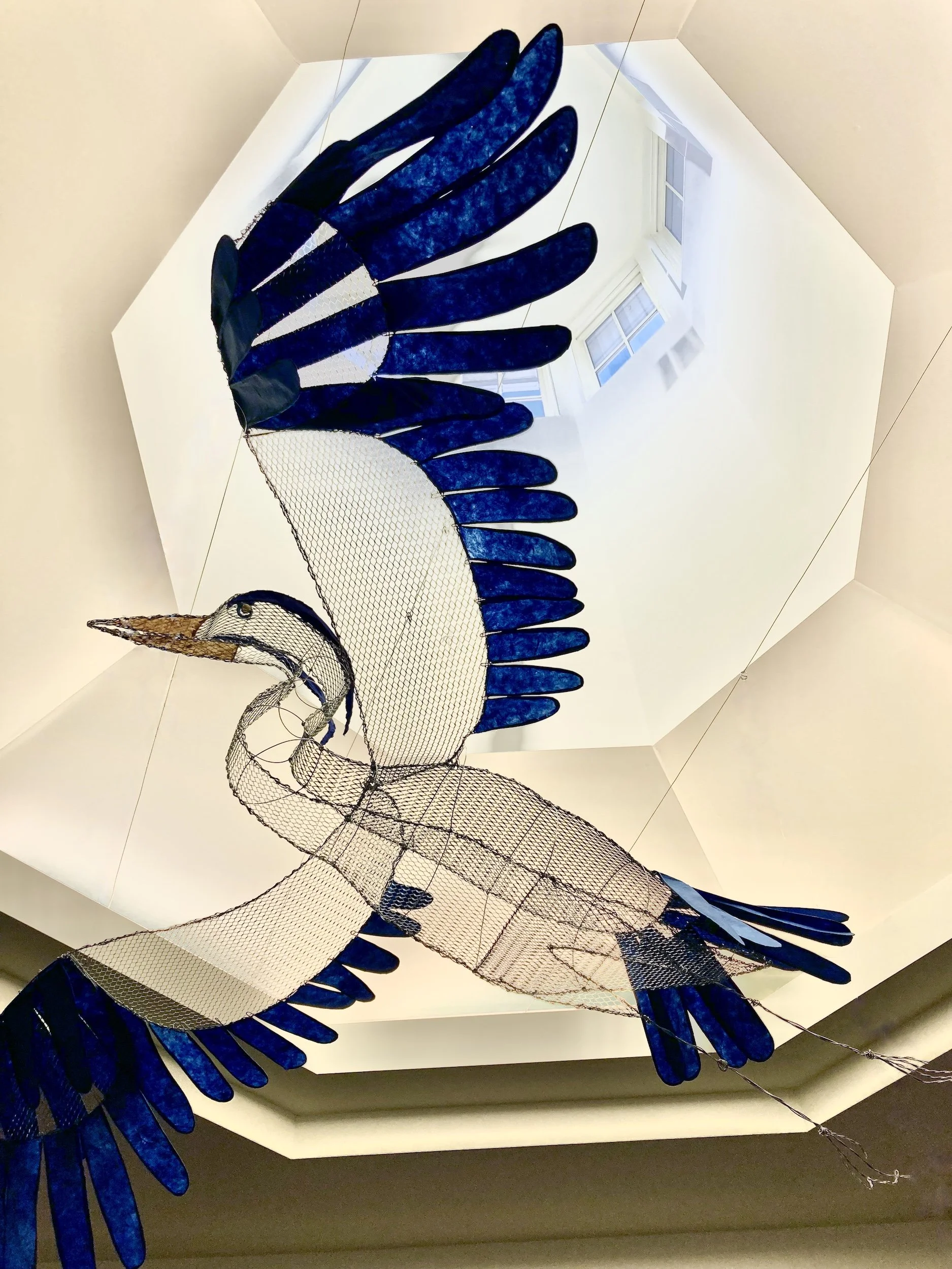 Fugitive Blue, cupola view, 2025, steel wire, galvanized mesh, lokta and mulberry paper,  beads, 26” x 52” x 76”, installation Starr Library, Rhinebeck, NY