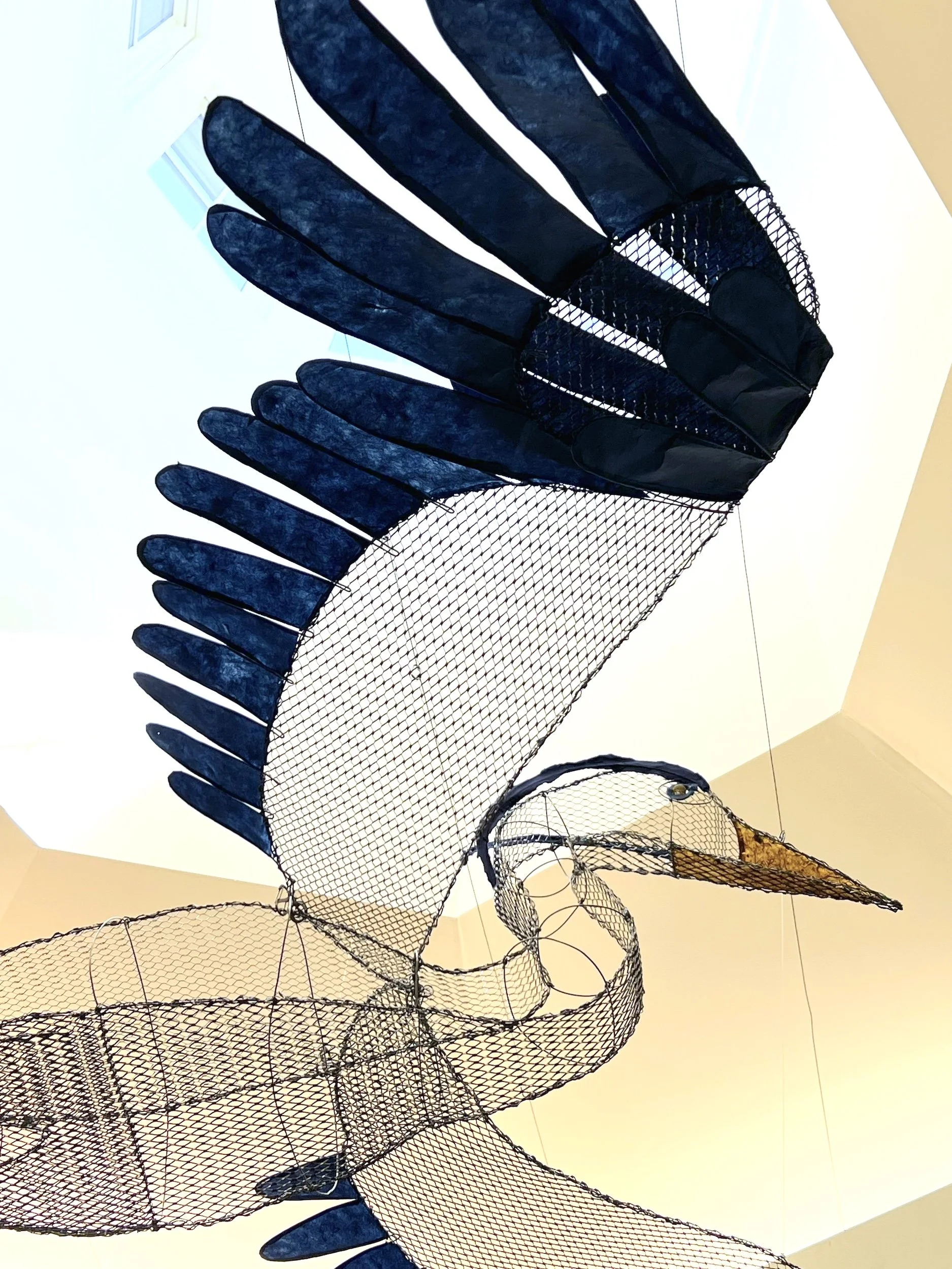 Fugitive Blue, detail, 2025, steel wire, galvanized mesh, lokta and mulberry paper, beads, 26” x 52” x 76”, installation Starr Library, Rhinebeck, NY