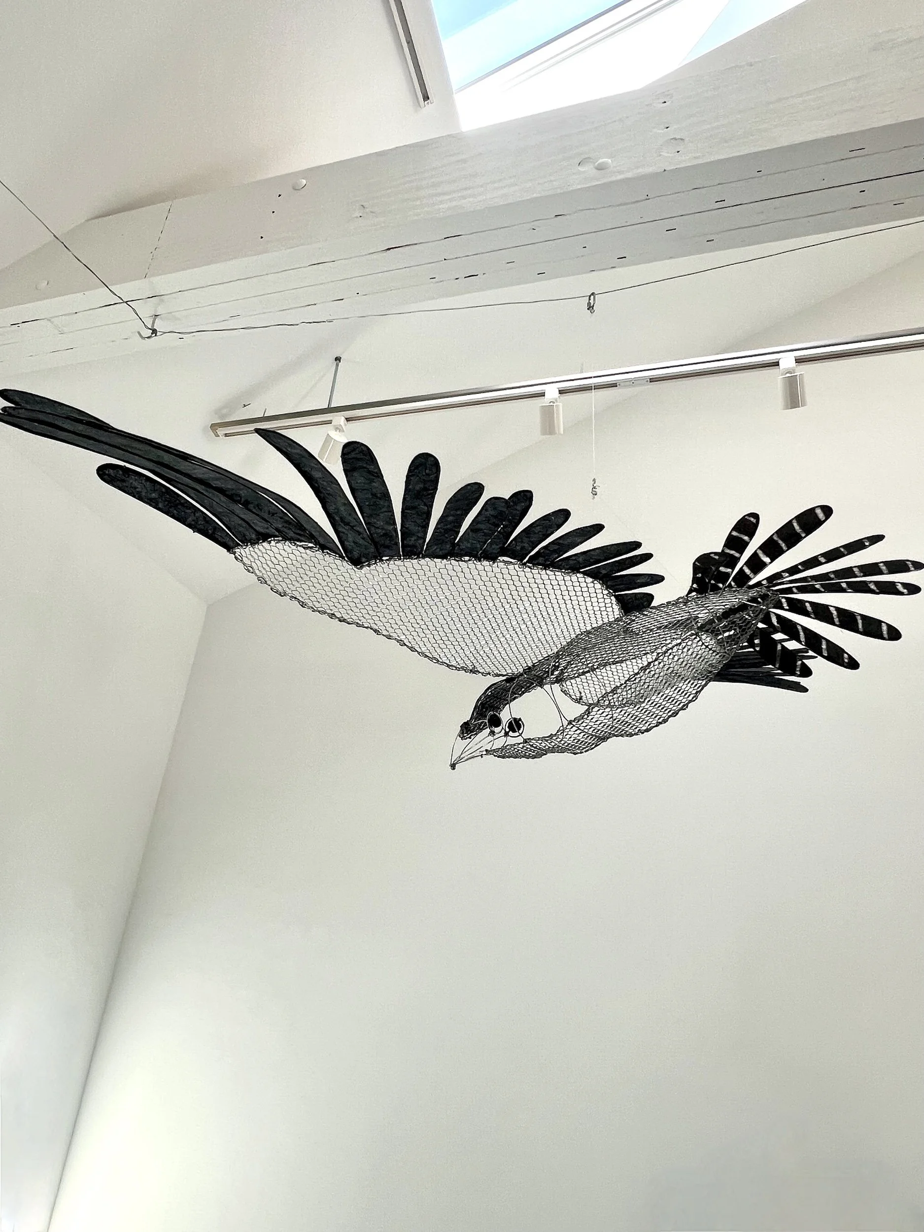 Raven's Flight, 2026, steel wire, galvanized mesh, Japanese paper, beads, 26” x 57” x 10”