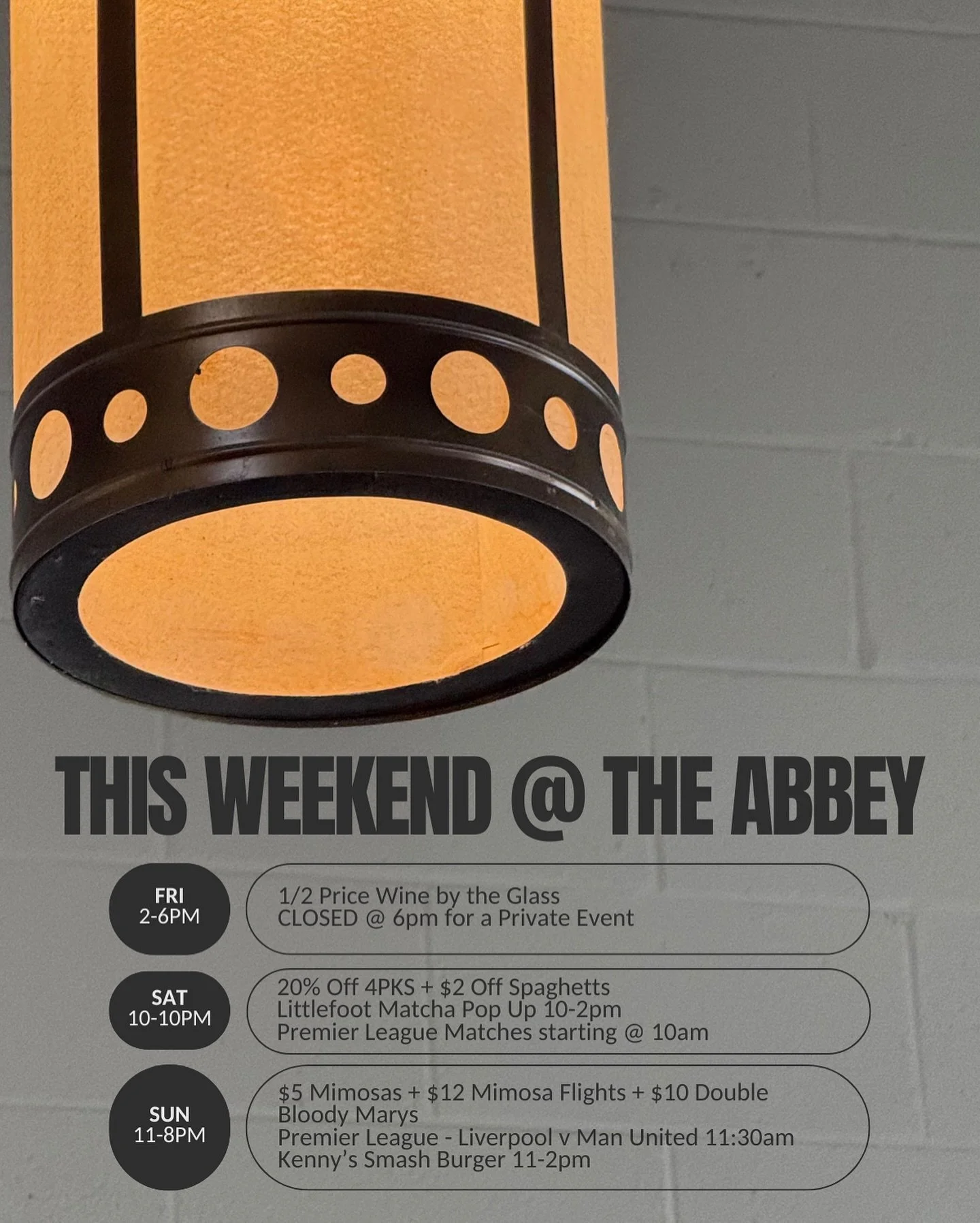 T H I S  W E E K E N D 
See us today from 2-6pm for 1/2 price wine by the glass
Matcha, soccer, and breakfast burritos on Saturday 
Soccer and burgers on Sunday 
Come and see us ✌️