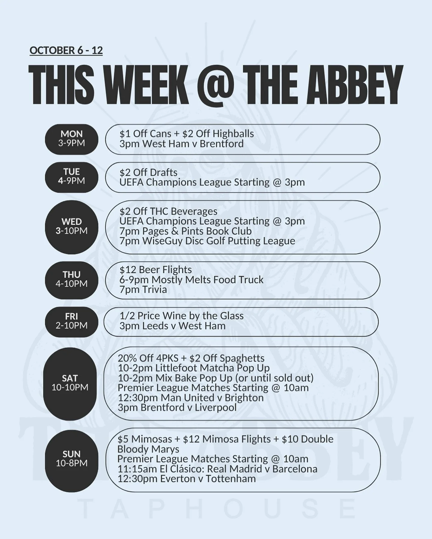 Full lineup this week with soccer on the TVs as always ✌️