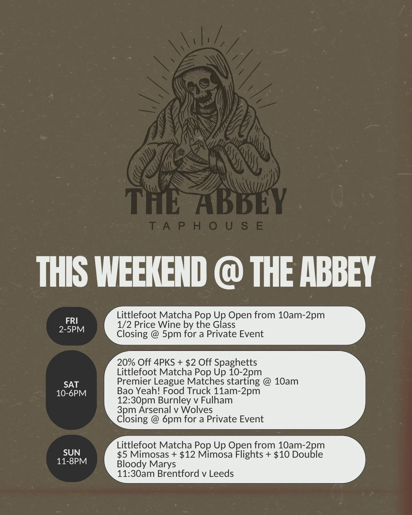 Soccer all weekend 
Matcha all weekend 
Drink specials all weekend 
Maybe a little snow 

Come and see us ✌️