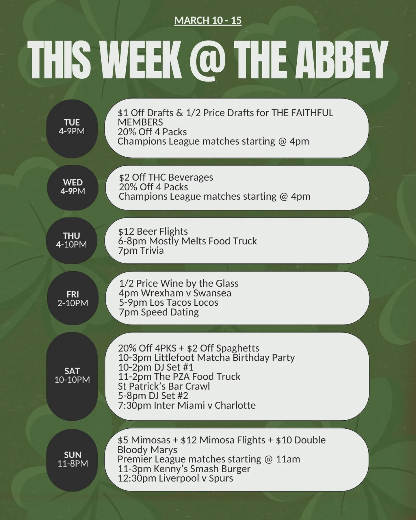 FULL LINEUP THIS WEEK 🍀
Are you ready for St Pattys Day Weekend?!