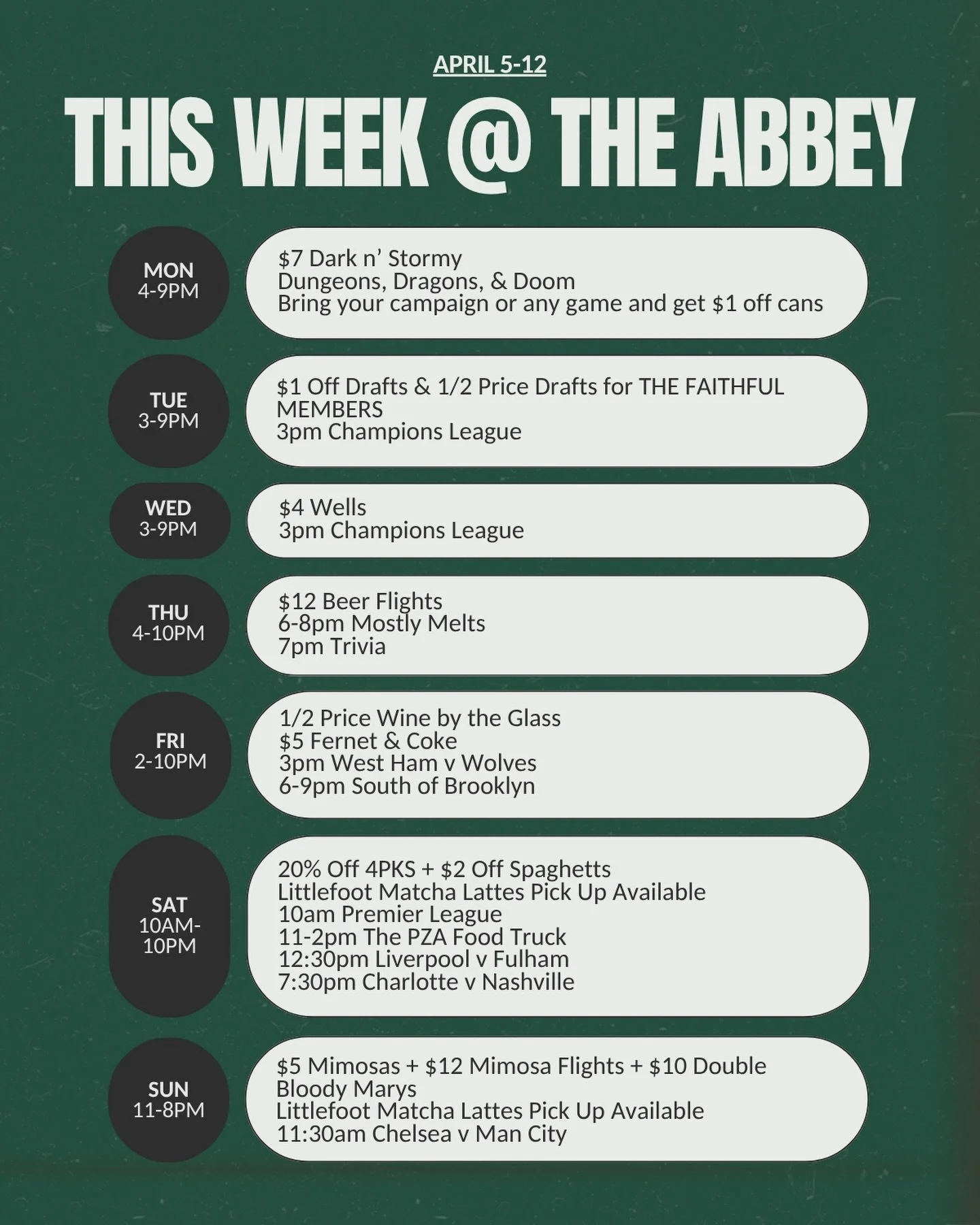 T H I S  W E E K ⚽️🍕🍵🌮