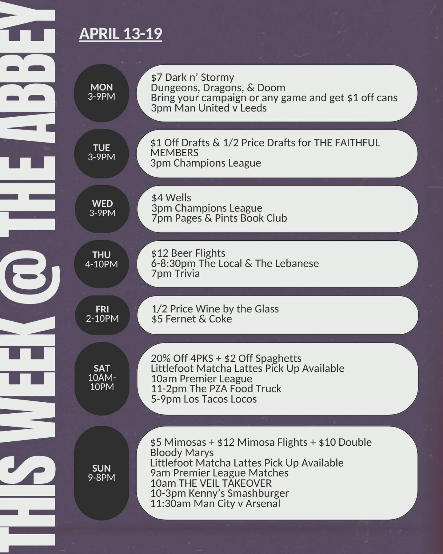 T H I S  W E E K 
Only at The Abbey 💪