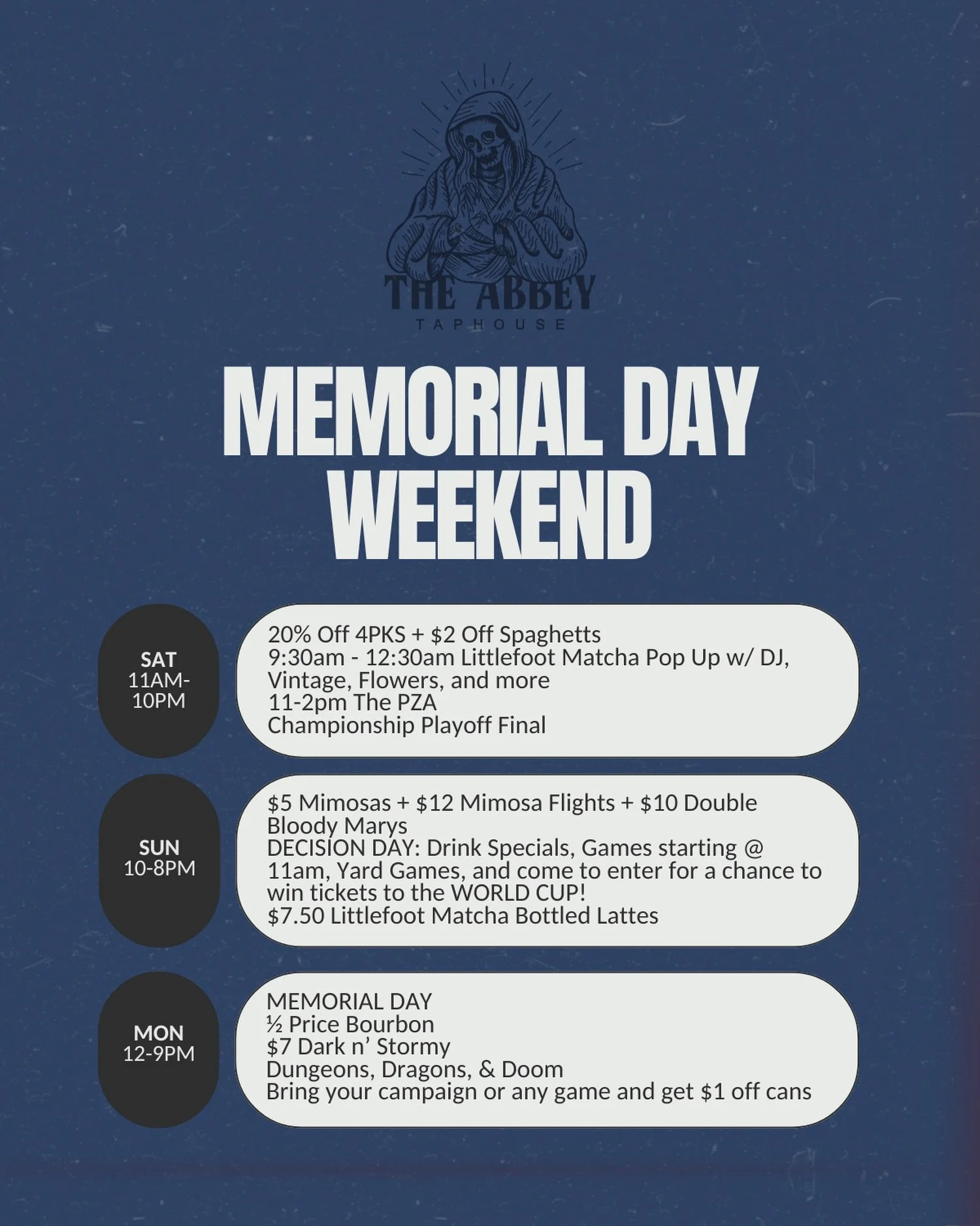 We inside 
Come enjoy your long weekend with us 

Don&rsquo;t miss your chance to win World Cup tickets on Sunday!