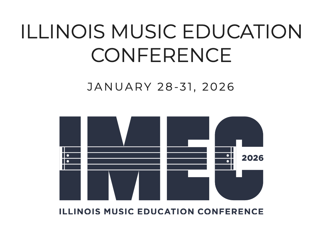Conference poster with the text 'ILLINOIS MUSIC EDUCATION CONFERENCE' and dates January 28-31, 2026. The word 'IMEC' is stylized with musical note graphics integrated into the lettering.