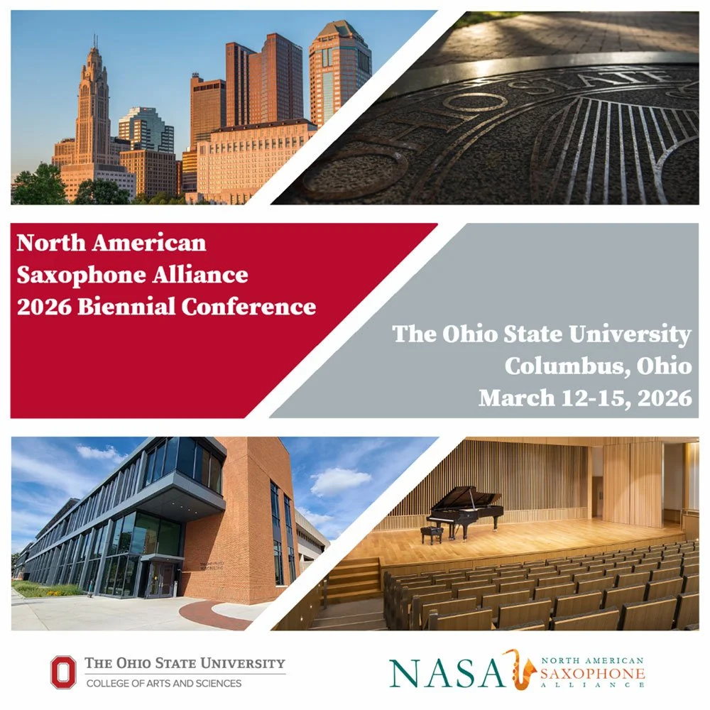 Flyer for the North American Saxophone Alliance 2026 Biennial Conference, held at Ohio State University in Columbus, Ohio, from March 12-15, 2026. Features images of Columbus skyline, a close-up of a manhole cover, a modern university building, and an auditorium with a grand piano.