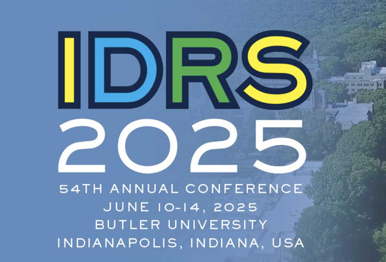 Logo and information for the IDRS 2025 54th Annual Conference, held June 10-14, 2025 at Butler University in Indianapolis, Indiana, USA.