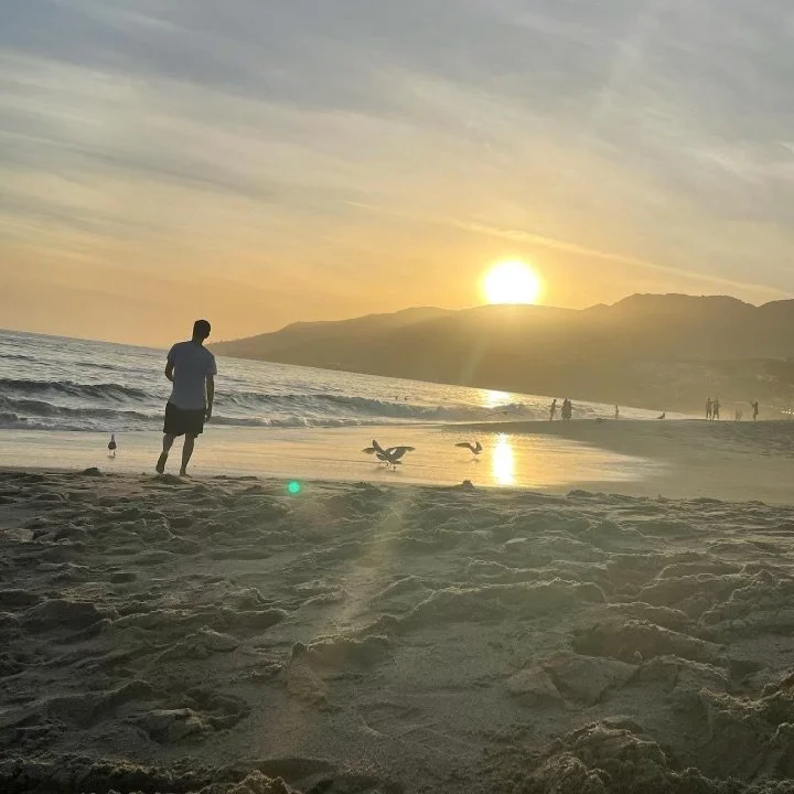 Sunset on the beach with people, seagulls, and mountains in the background.