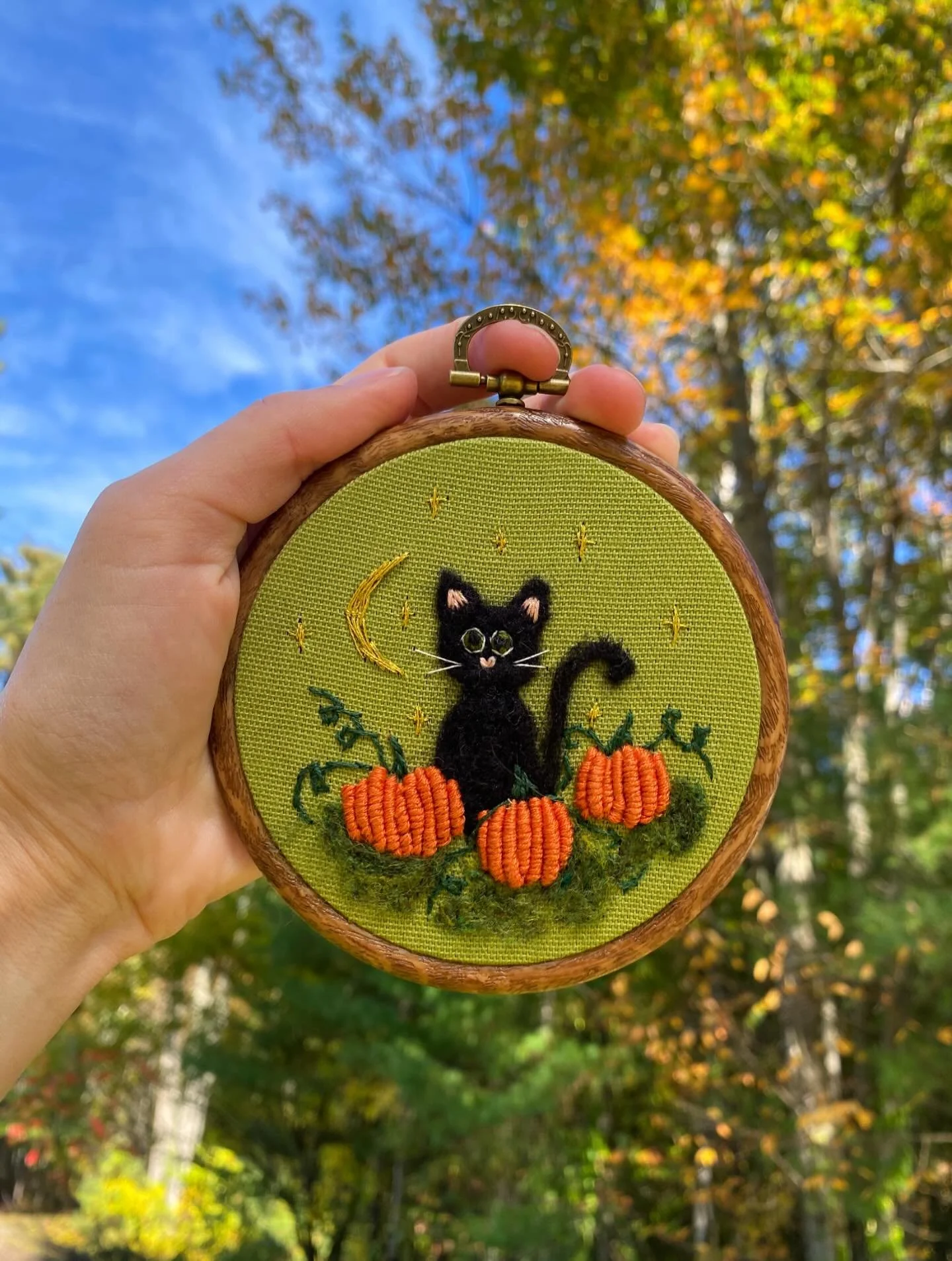 Just a little black cat chilling in a pumpkin patch 🐈&zwj;⬛🎃🌙

#handembroidery #needlefelting #autumnmood #falldecorations #falldecorinspo #blackcatlove #cutespooky #smallbusiness