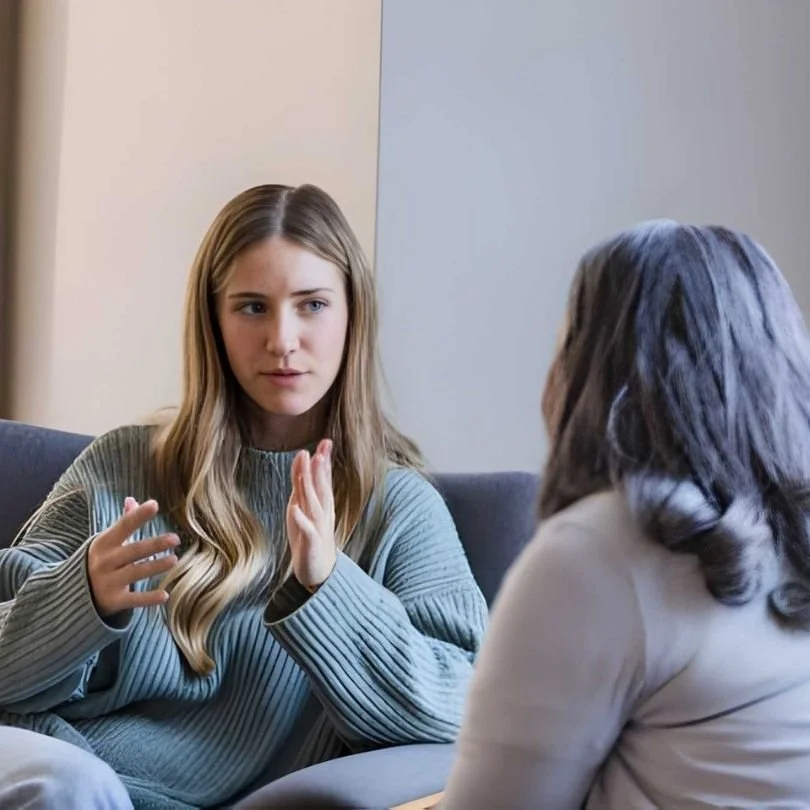 Therapist and client discussing thought patterns during cognitive behavioral therapy session.