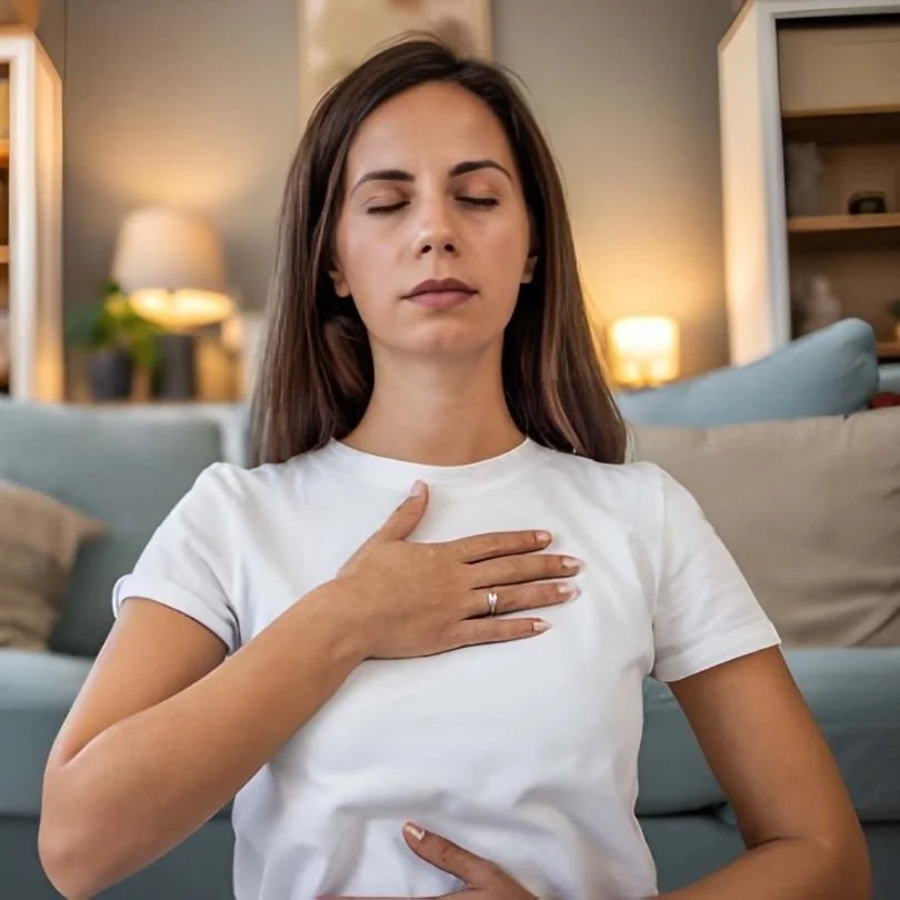 Woman practicing deep breathing exercise with hand on chest to manage anxiety symptoms.