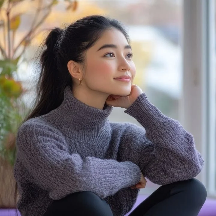 Woman sitting near a window with a calm, reflective expression.