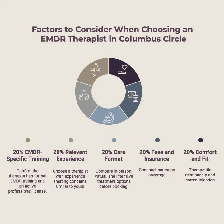Infographic showing the key factors to consider when choosing an EMDR therapist near Columbus Circle.