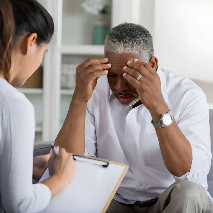 Client holding head while speaking with therapist about anxiety symptoms.