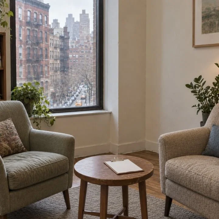 Calm therapy office prepared for evidence-based trauma treatment sessions in NYC.
