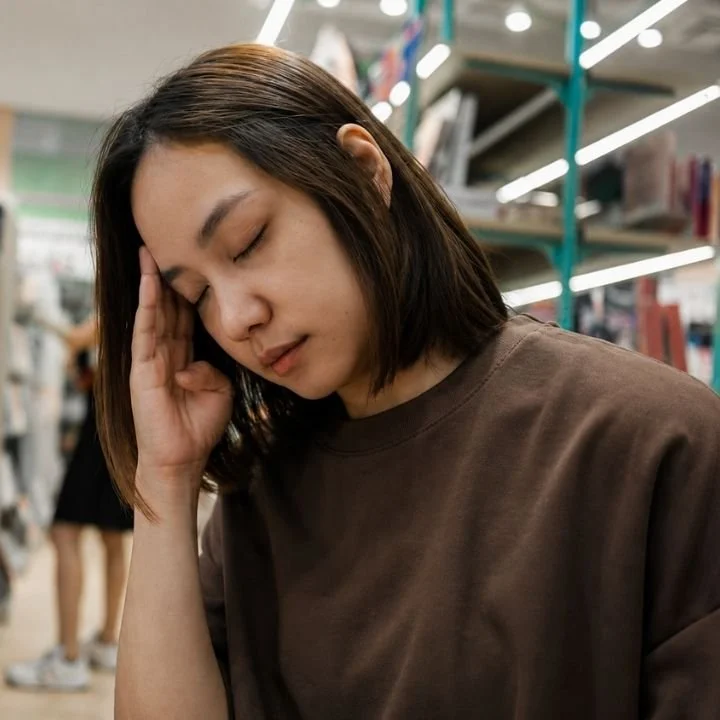 Woman holding her head while trying to remember information.
