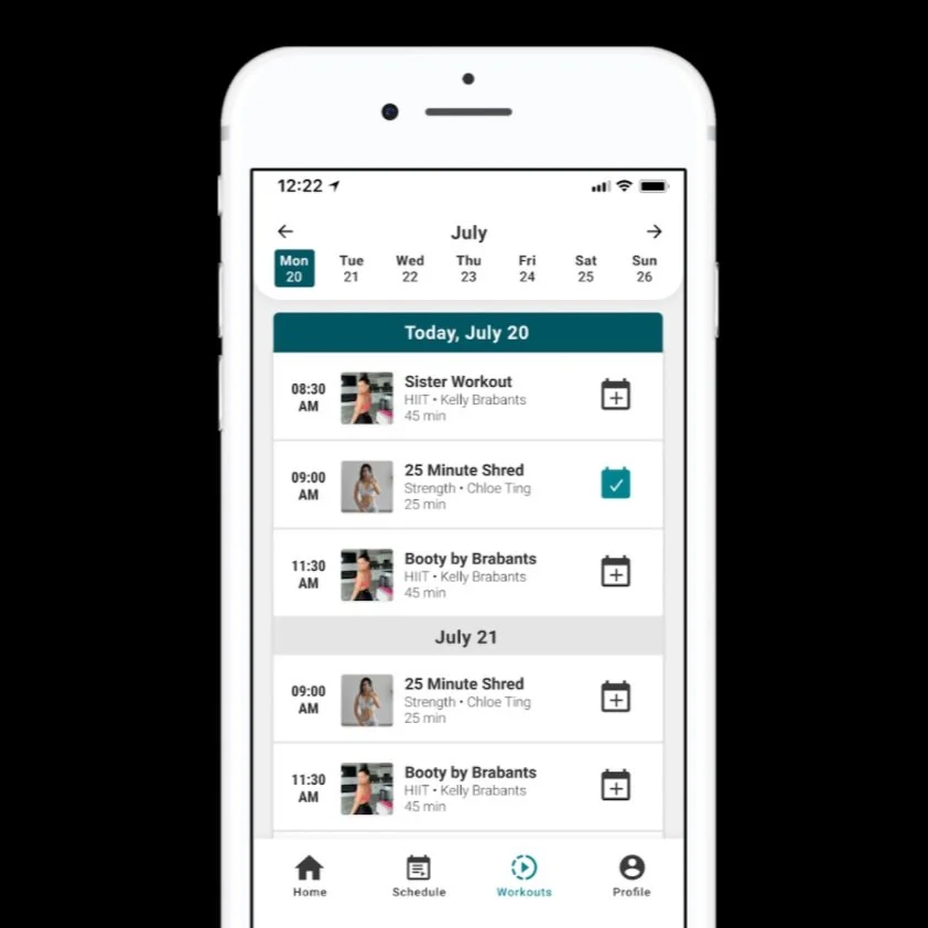 Mobile phone screen displaying a workout schedule app with workouts listed for July 20 and July 21, including times, types, instructors, and durations.