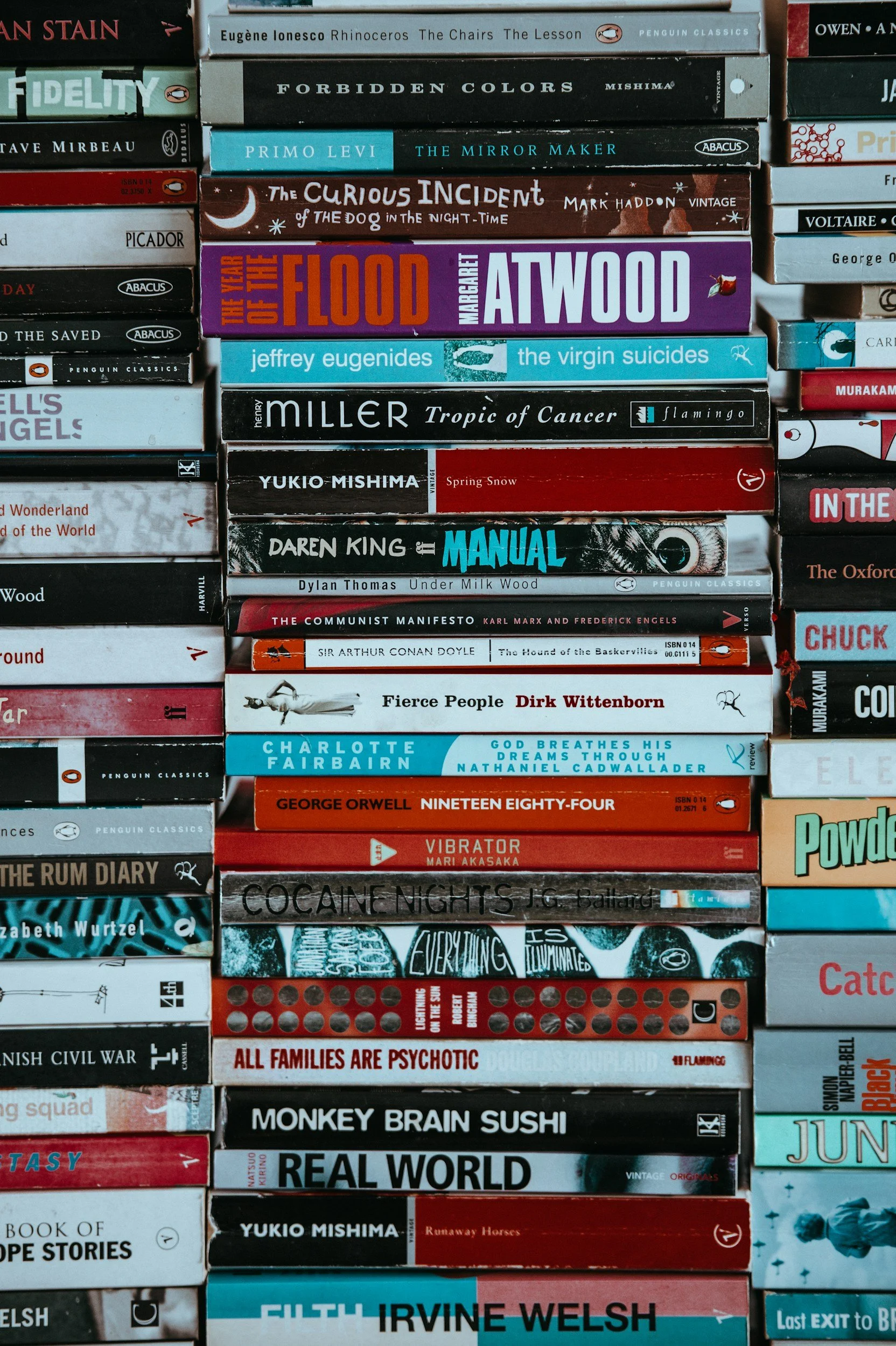 Three tightly packed stacks of books featuring black, red and blue spines. Authors include Margaret Atwood, George Orwell and Sir Arthur Conan Doyle.
