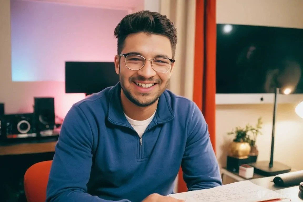 A smiling man with dark hair and glasses sits at a desk