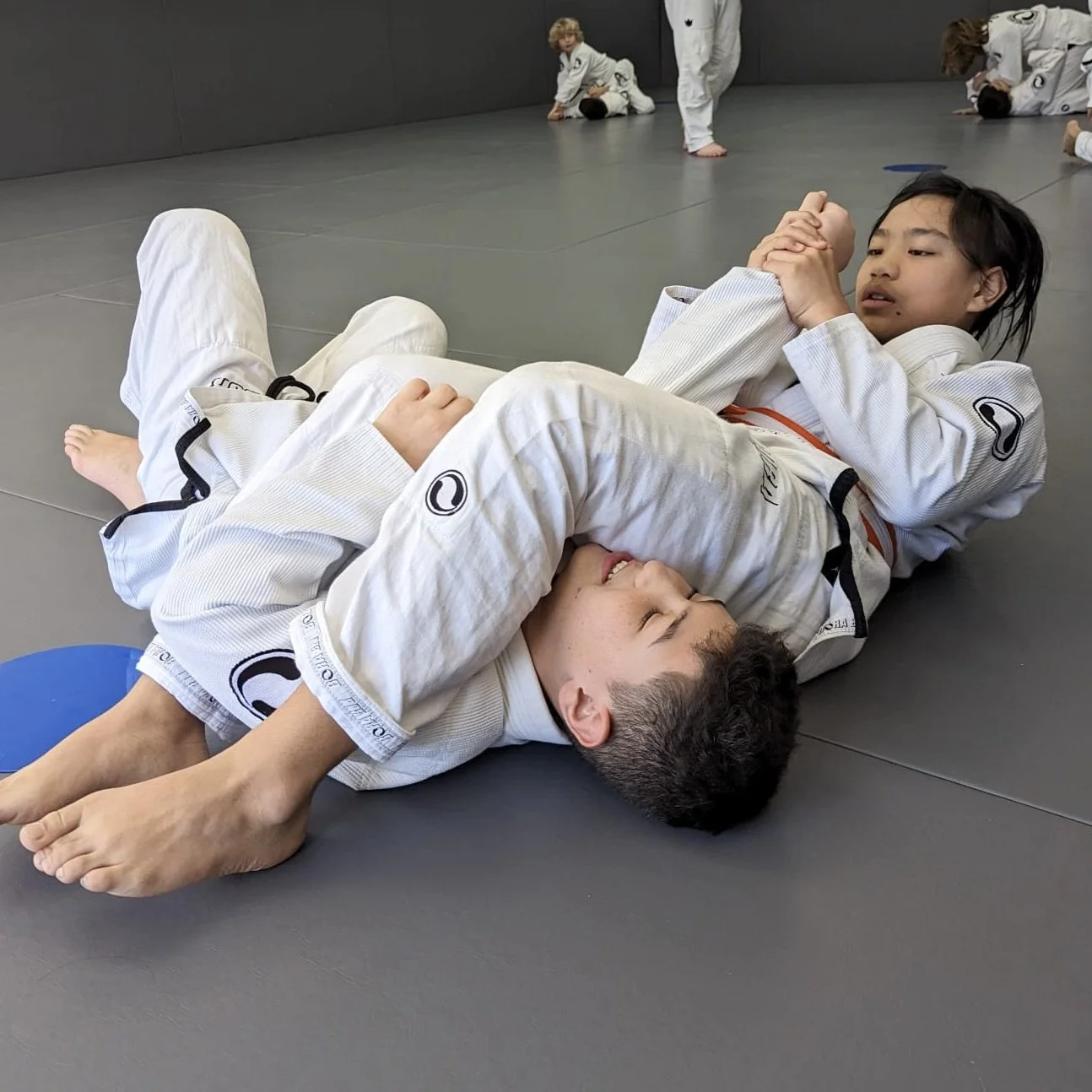Teen students practicing grappling together