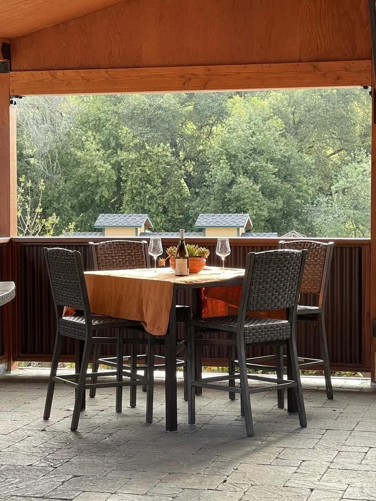 A round outdoor dining table covered with an orange tablecloth, with a bottle of wine, two wine glasses, and a small plant in a bowl on it. Four black chairs surround the table. The setting is on a stone-paved porch with a view of green trees and sma