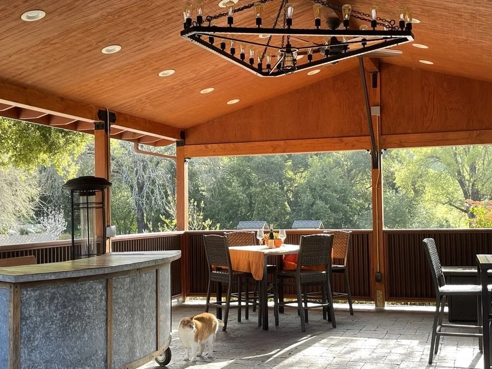 Covered outdoor patio with a hanging candle chandelier, wooden ceiling, and a round dining table with chairs, a cat walking on the tile floor, and a background of lush green trees.