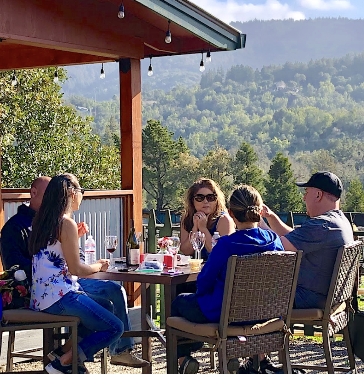 Group of five people sitting at an outdoor table on a patio, with a scenic view of forested mountains in the background. They are having a meal with wine, water, and various items on the table, engaging in conversation. The patio is decorated with string lights, and the weather appears sunny and clear.