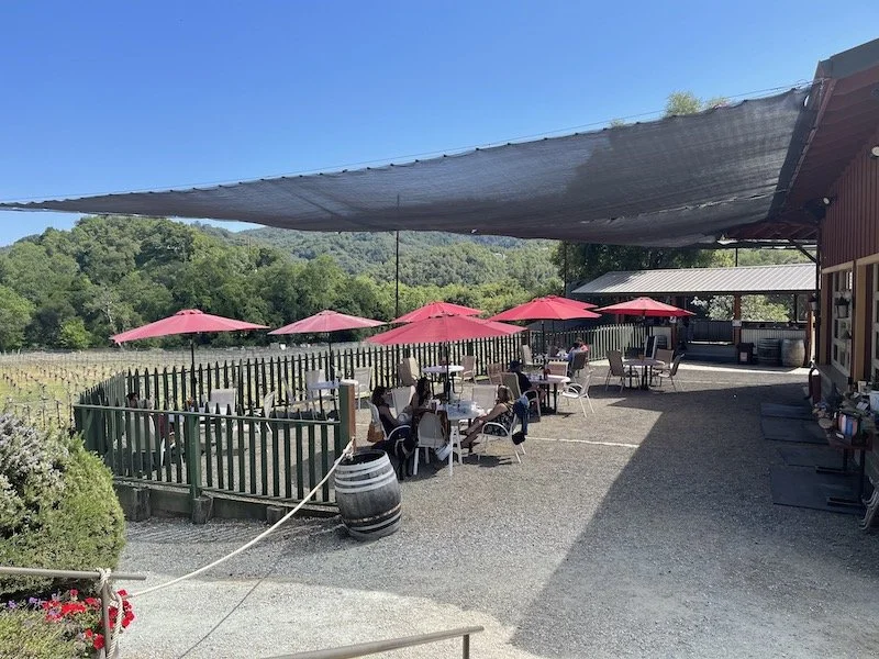 Outdoor dining area with tables, chairs, and pink umbrellas, surrounded by a wooden fence, with a vineyard and green hills in the background.