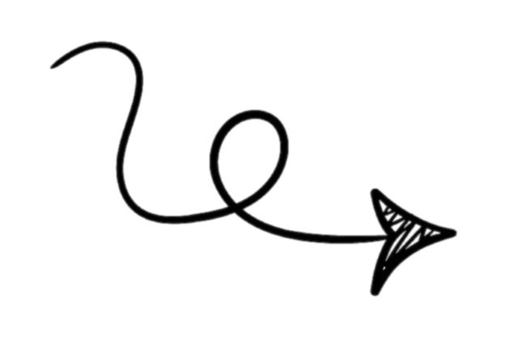 Black hand-drawn style arrow with a curly tail and a pointed tail.