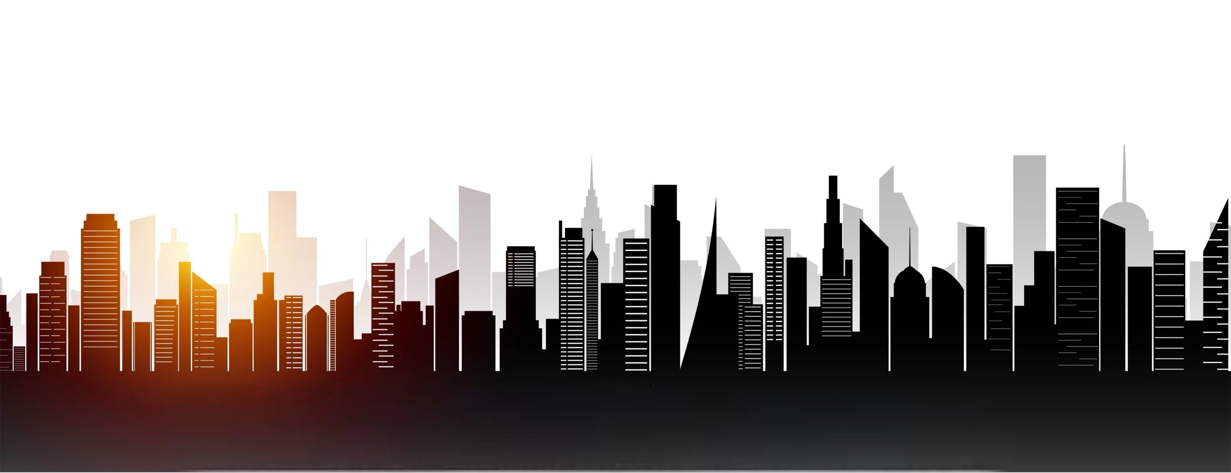 Stylized black, white, and brown city skyline silhouette with a glowing orange sunset in the background.