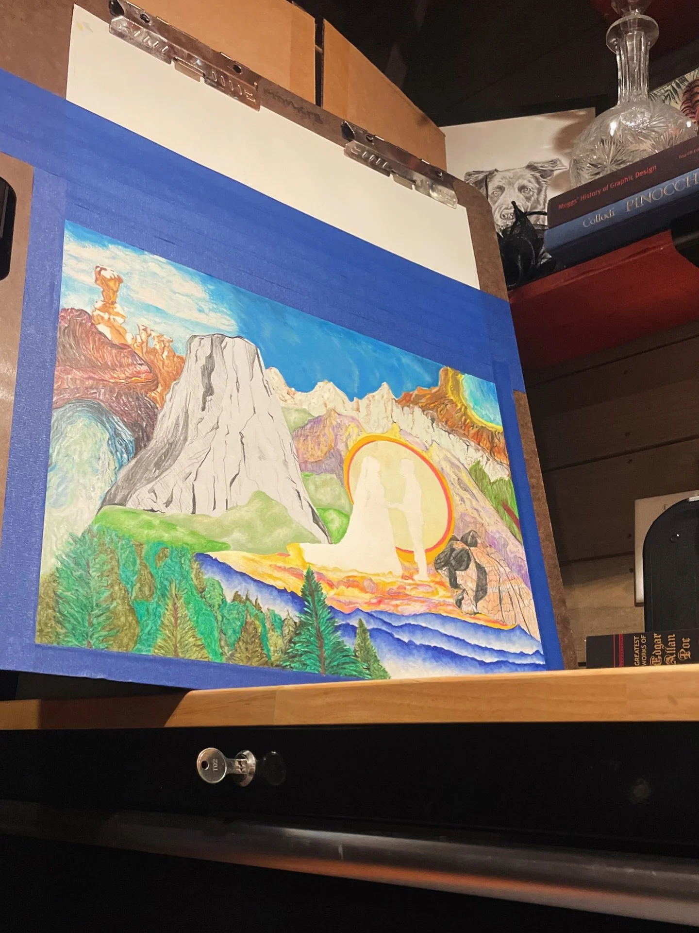 WIP &bull; An art commission for a client on the East Coast ✍🏼 &bull; The @prismacolor base layer is coming along for this
folk-surrealist piece (an amalgamation of national park landmarks/landscapes).
.
.
.
#folk #surrealist #folksurrealism #landsc