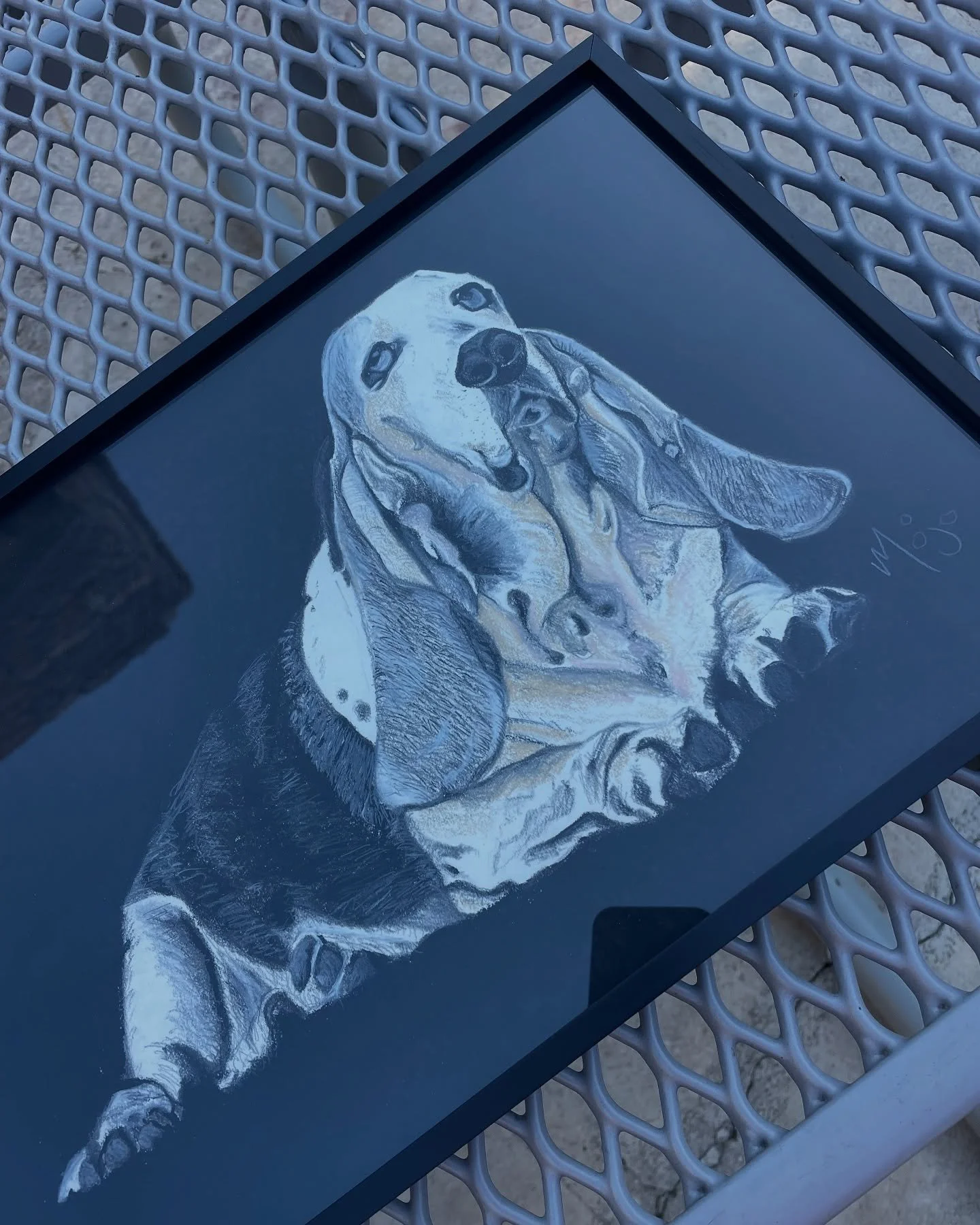 How it finished (in charcoal) vs. how it began (in an old low-res photo) 👉🏼 &bull; 🎨 ✍🏼 📷 #portraitcommission #petportraitcommission #petportrait #charcoaldrawing #dogportrait #bassethound #hounddog #hound