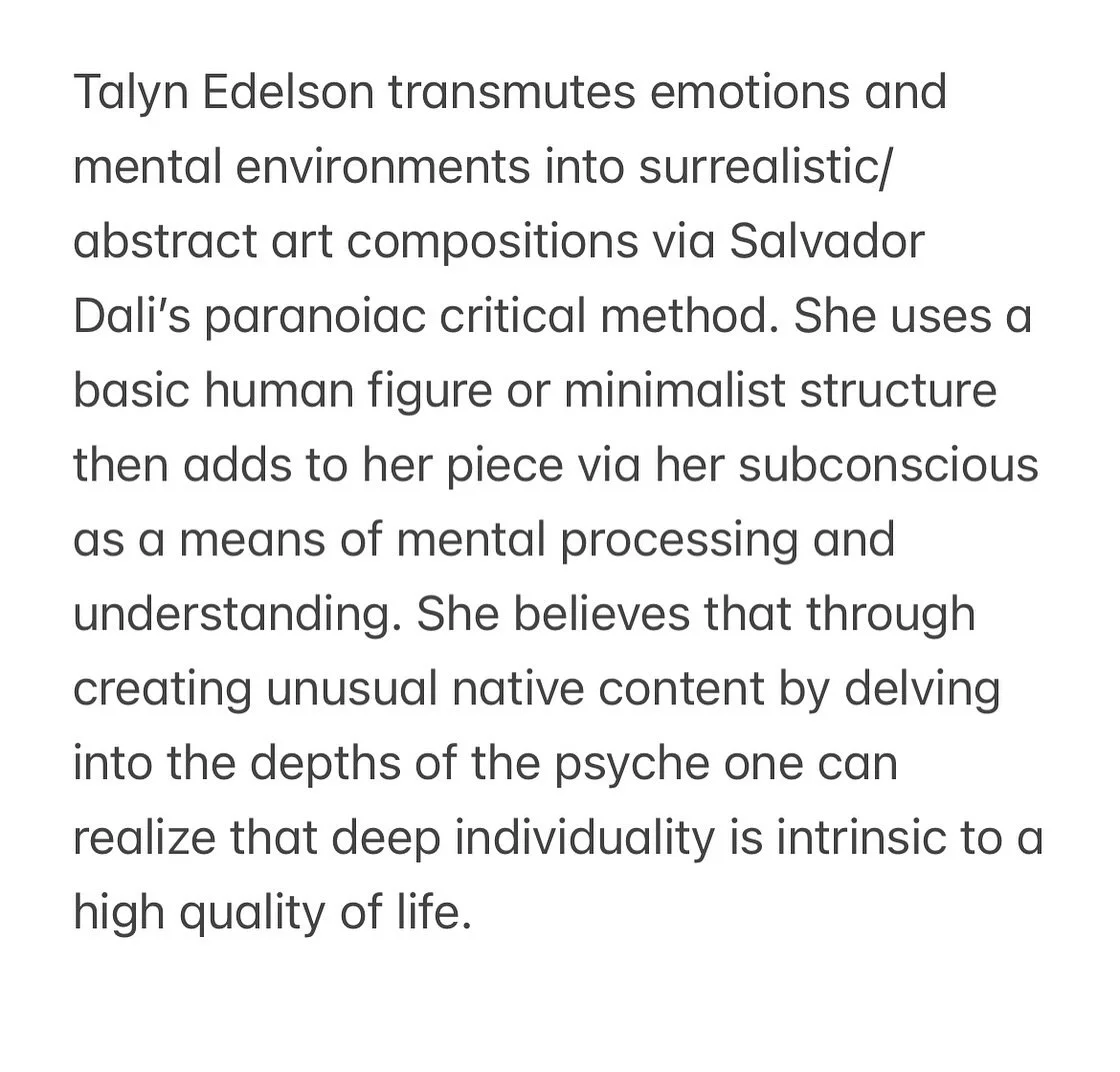 #ArtistBio &bull; Talyn Edelson 🎨 <this only applies to my personal passion project pieces that I sell&hellip;my art commissions for others do not adhere to my usual and preferred artistic methods>
