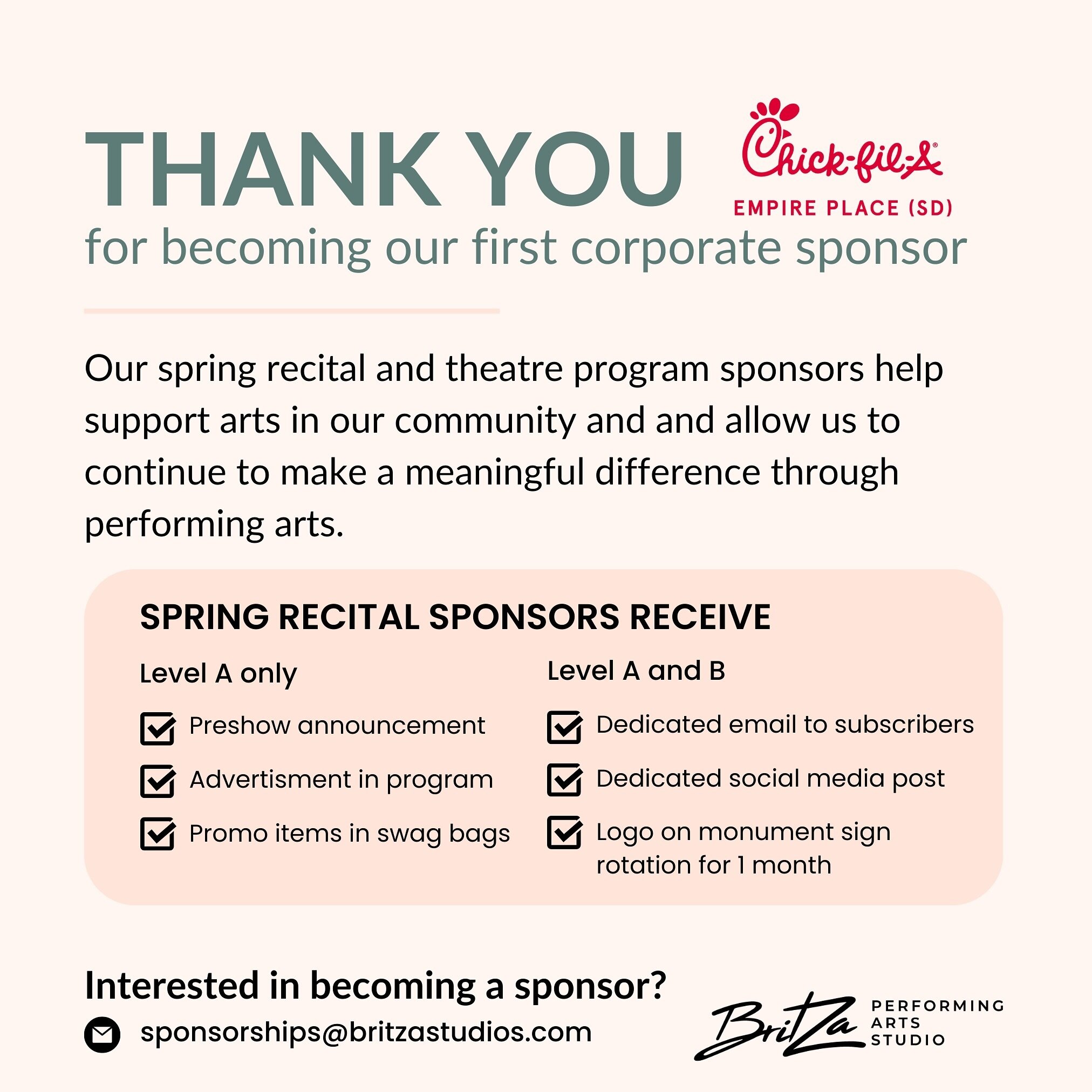 Thank you to @cfaempireplace for becoming our first spring recital corporate sponsor! Message us for more information on what sponsorship includes or email sponsorships@britzastudios.com for interest.