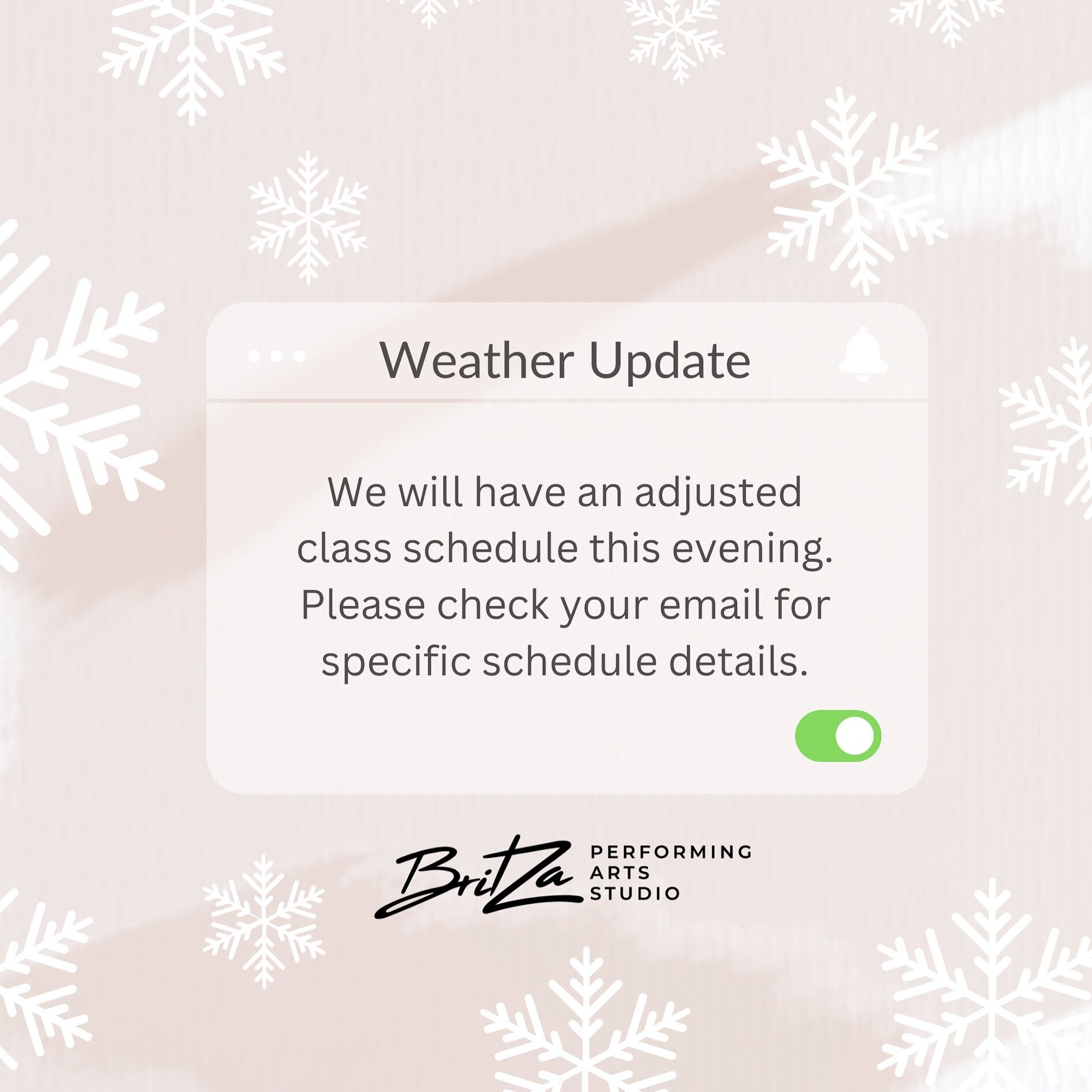 With the uncertain weather, we will have an adjusted class schedule this evening. Please check your emails for specific class details. The adjustment ensures all classes are done before 7:00 to allow our students and families to get home safely.