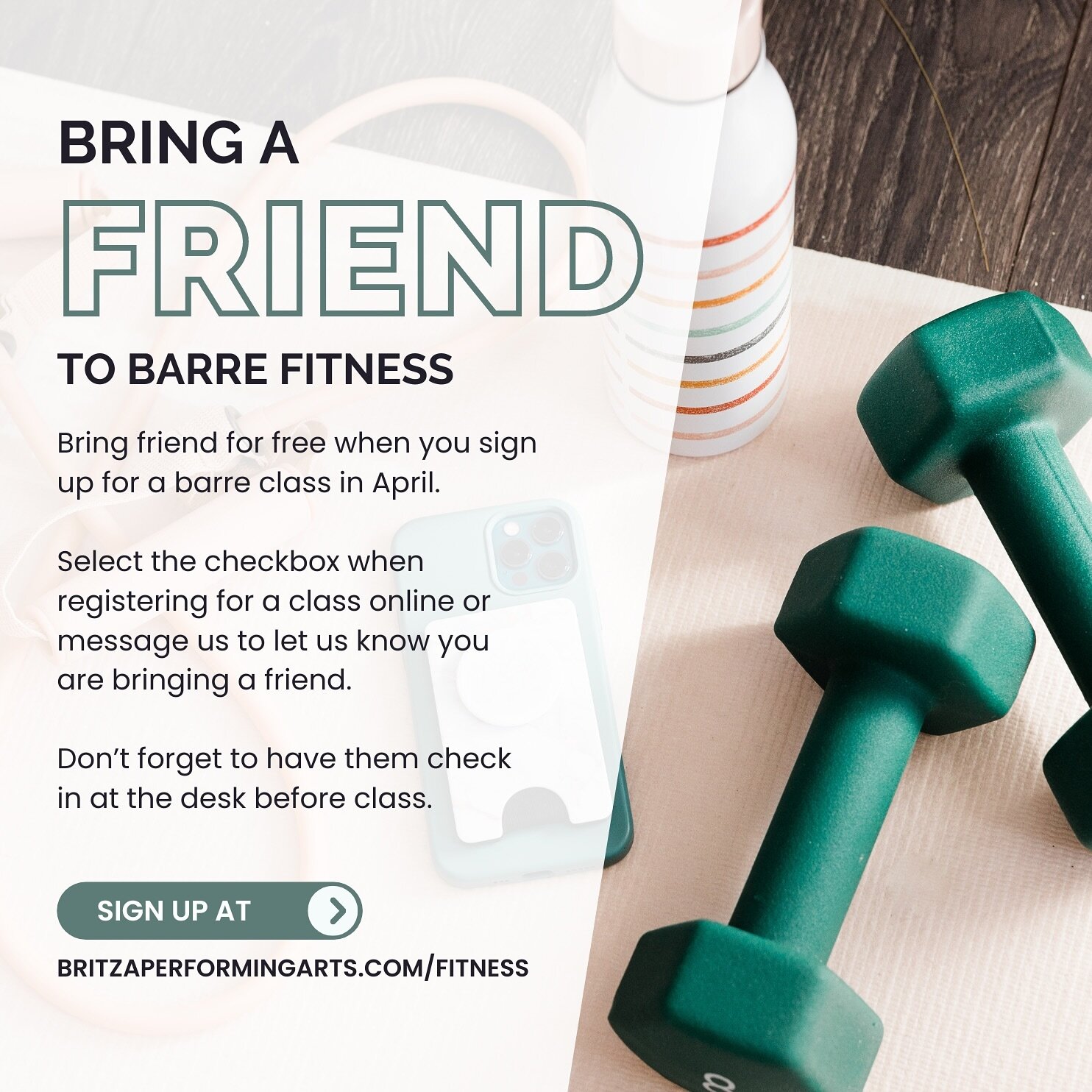 Sweat with a friend for free all April long! Select that you are bringing a friend when you sign up online or message us to let us know that you are bringing a friend. Don&rsquo;t forget to have your friend check in at the front desk before class. Si
