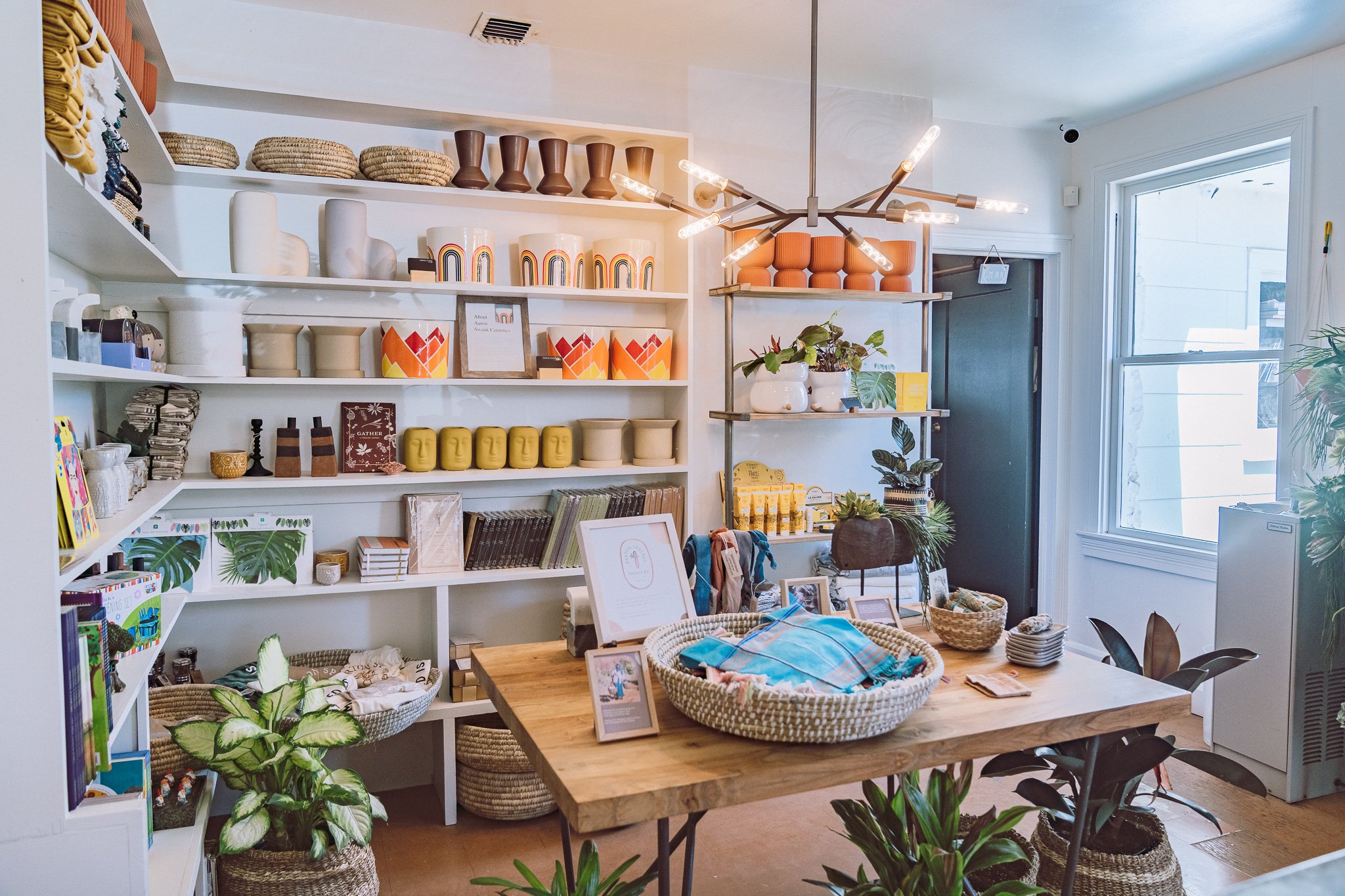 Modern shop interior with shelves displaying colorful ceramics, plants, and decor items on wooden table and hanging light fixture.