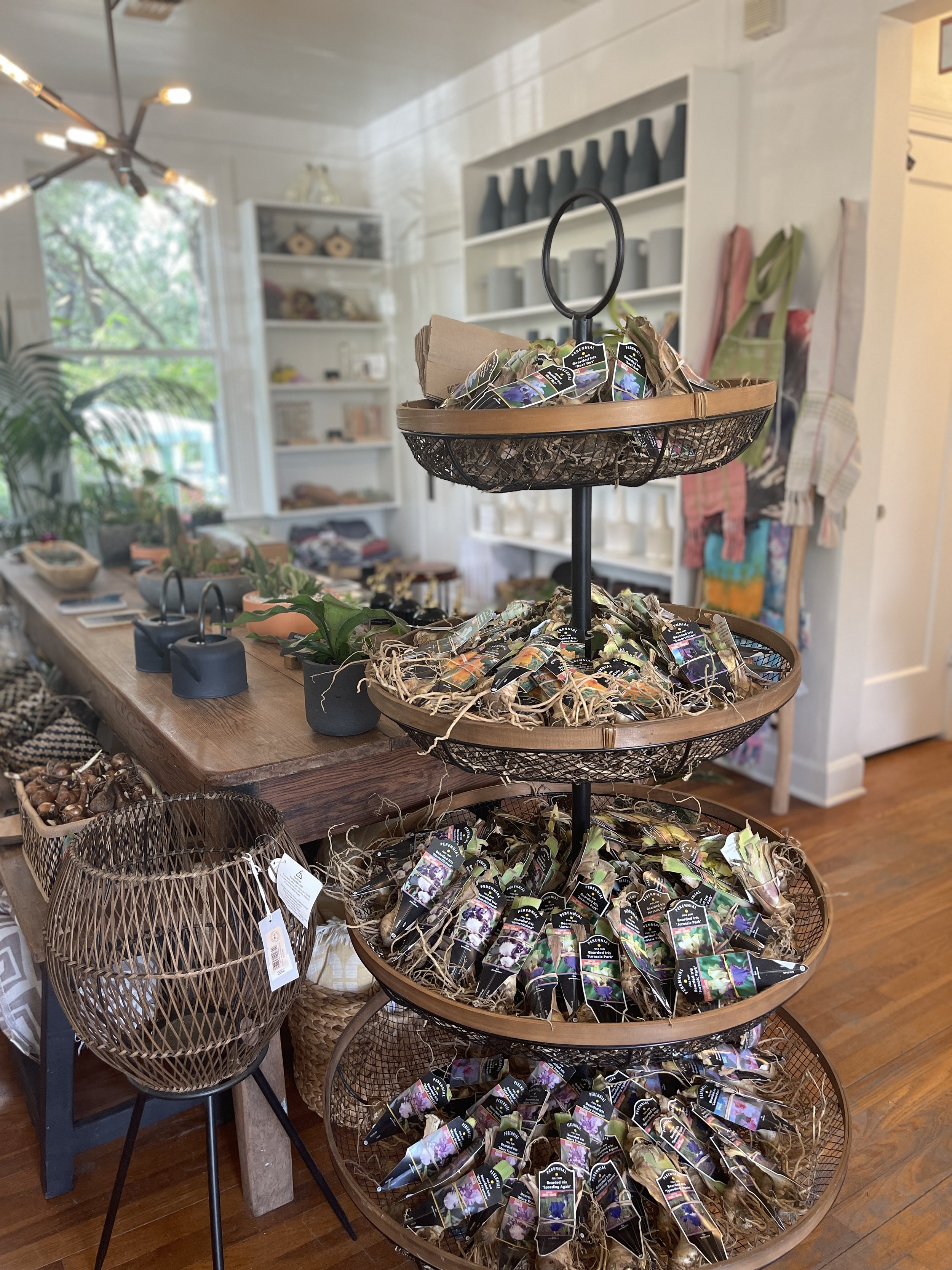 Interior of a store featuring a three-tiered display stand with plant-themed products and seed packets. The room includes wooden shelving stocked with decorative items, potted plants on a rustic table, and hanging textiles. Bright natural lighting fi