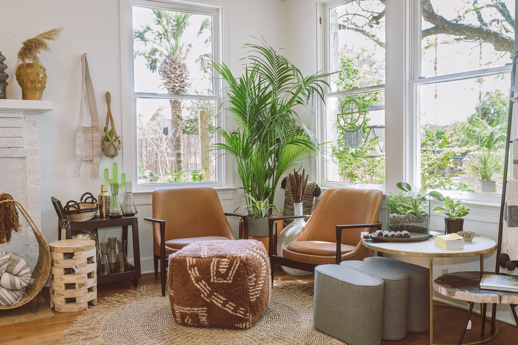 Cozy living room with brown leather chairs, a plush ottoman, indoor plants, and decorative items on a woven rug.