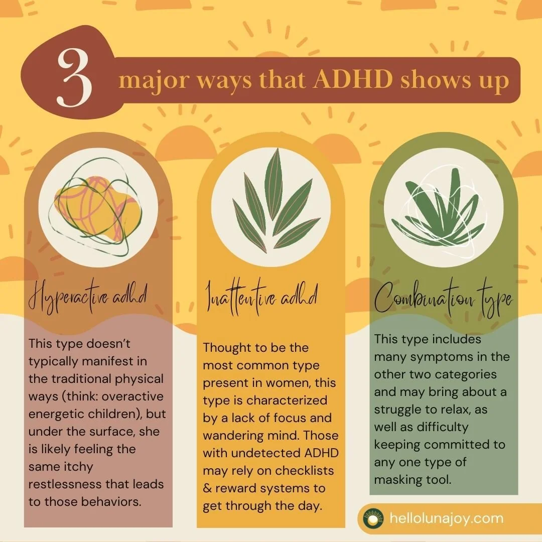 There are three big ways that ADHD most frequently shows up: inattentive, hyperactive, and combination. While it remains consistent that these three types exist in women, the major difference is how they might actually look in daily life.

If you're 