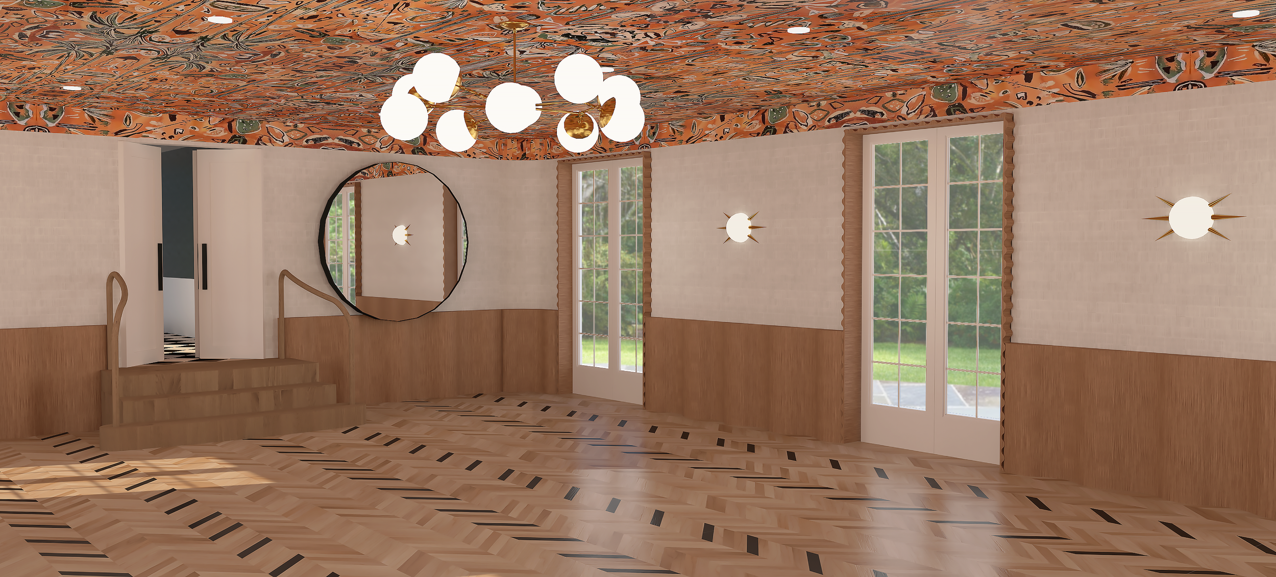 Interior of a room with wooden and patterned ceiling, large windows, wall-mounted lights, a round mirror, and a patternedwooden floor.