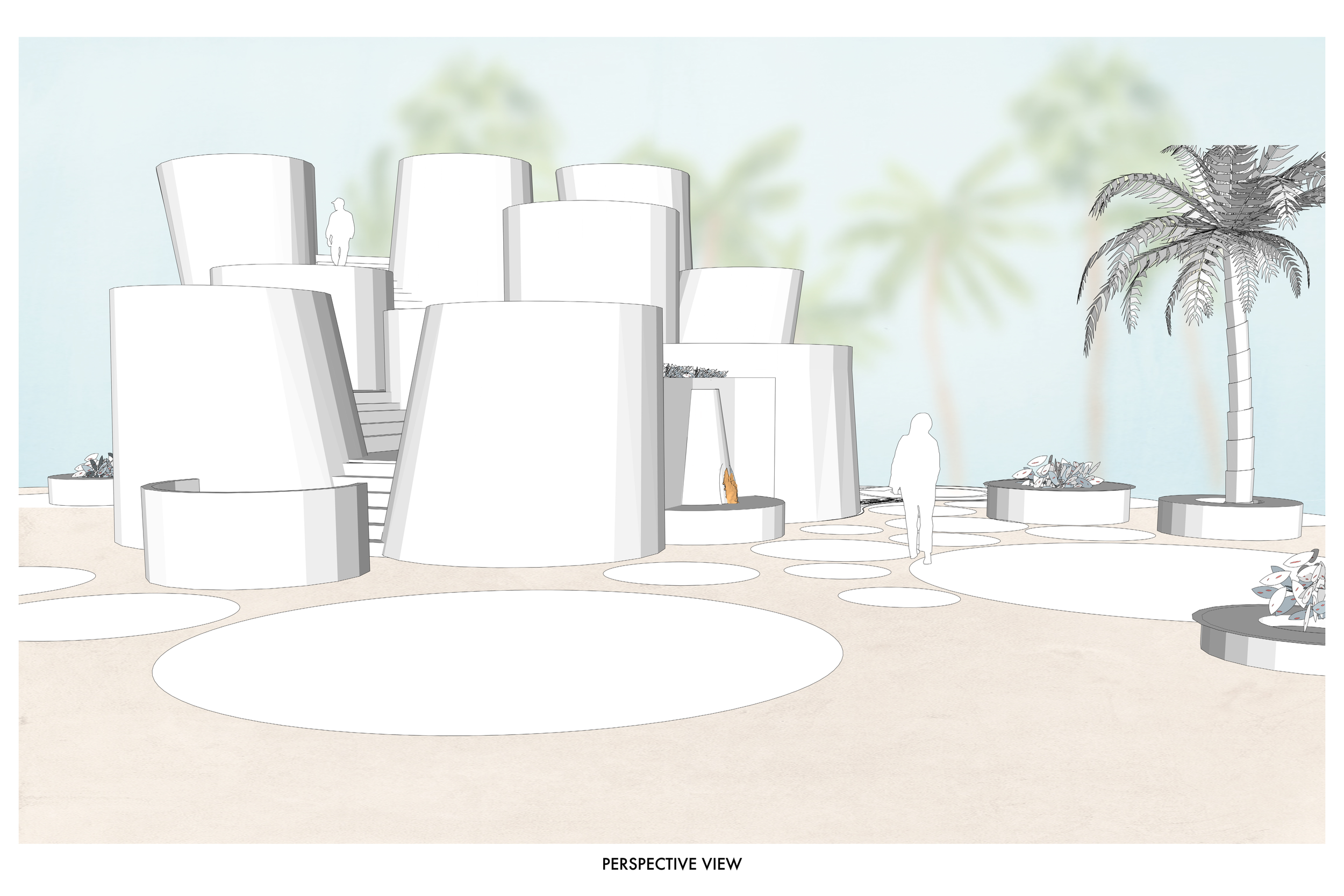 Architectural rendering of a modern outdoor space with white curved buildings, stairs, and palm trees, featuring a pathway with circular pavers and planters with plants.
