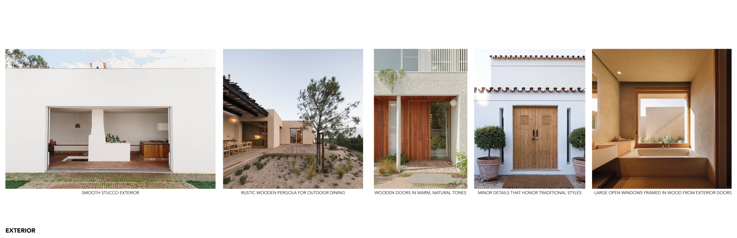 A collage of five images showcasing different exterior architectural features, including a smooth stucco exterior wall, a rustic wooden pergola for outdoor dining, a white building with wooden doors in warm natural tones, a white wall with minor traditional style door details, and a large open window framed in wood from an interior view.