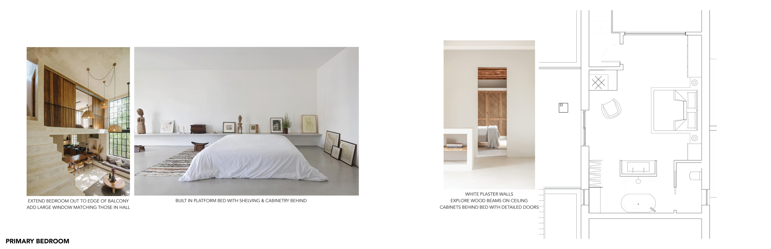 Design plans and interior photos of a primary bedroom, featuring a spacious white bed, built-in shelves, wooden cabinetry, and an adjacent bathroom with white plaster walls and wood beams on the ceiling.