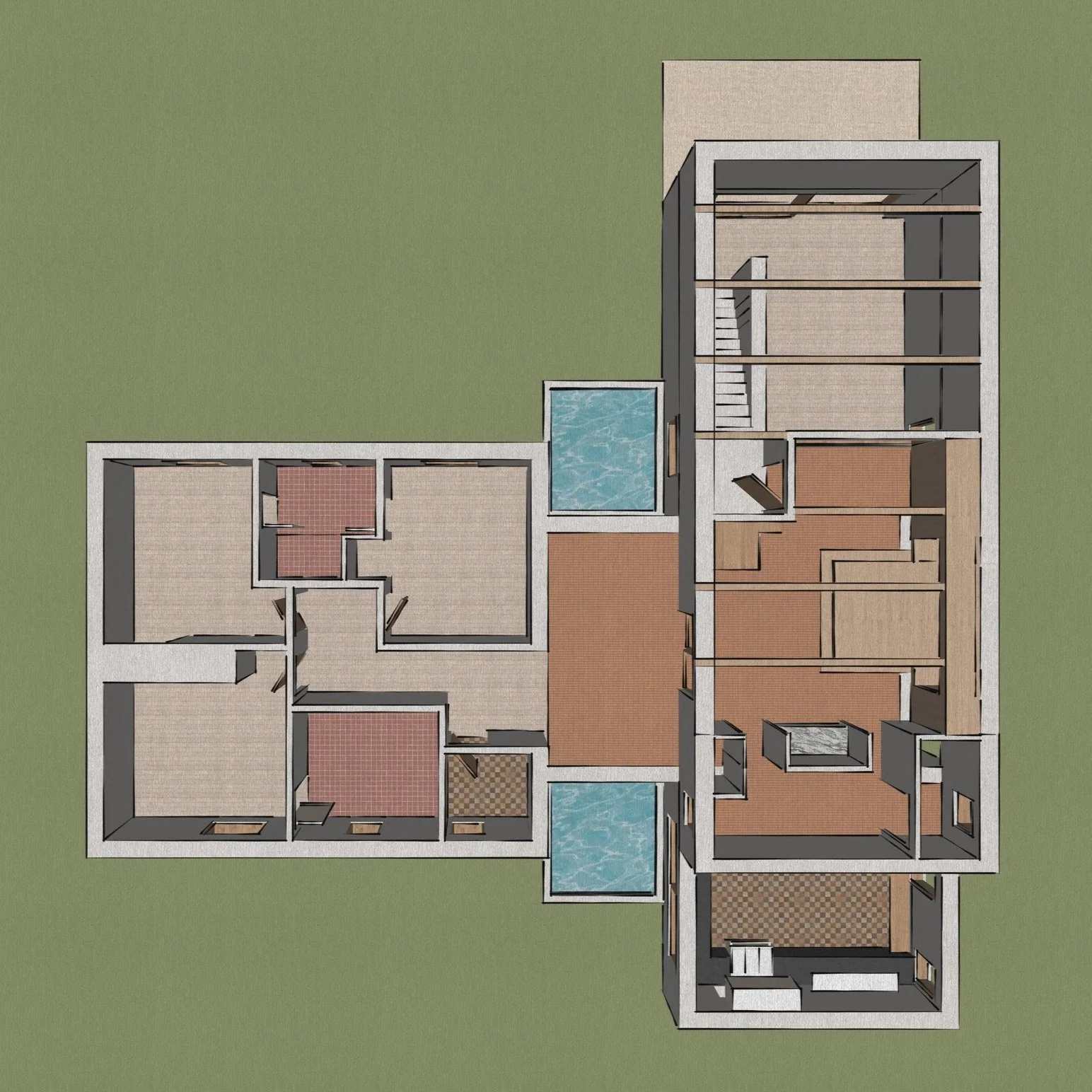 Top-down view of a modern residential house floor plan with multiple rooms, hallway, staircase, pool, and outdoor space.