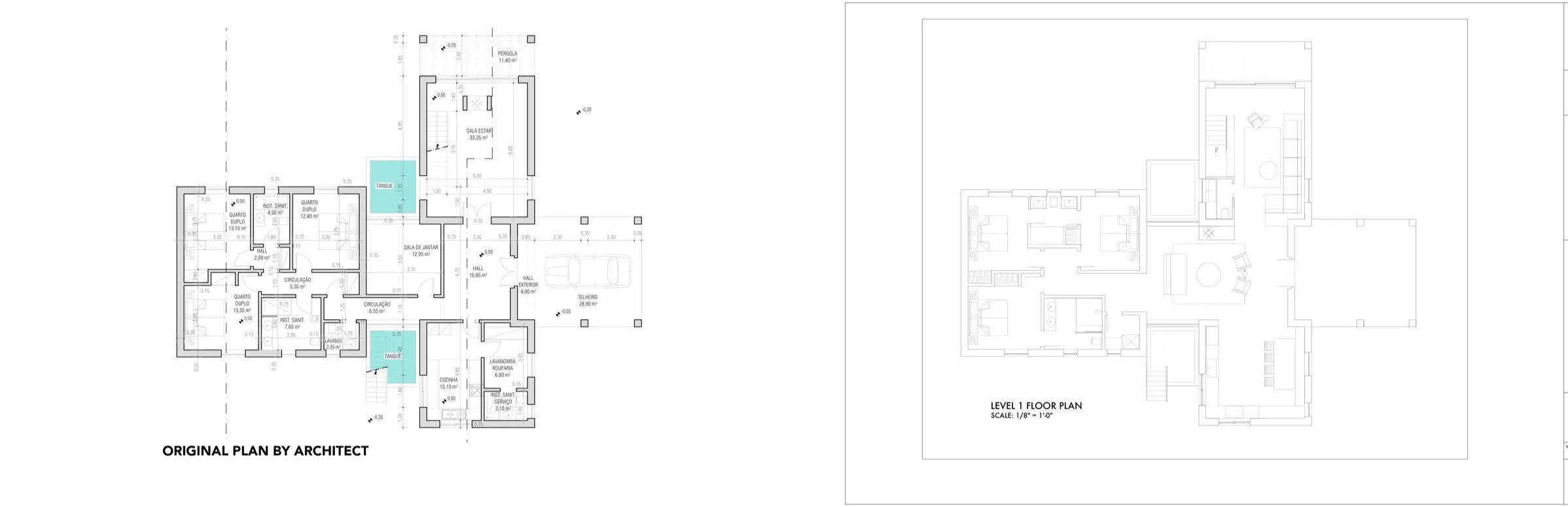 Architectural floor plan with labeled rooms and measurements, showing the layout of a house, including bedrooms, living room, kitchen, bathrooms, and outdoor areas, with two highlighted blue areas indicating specific features.