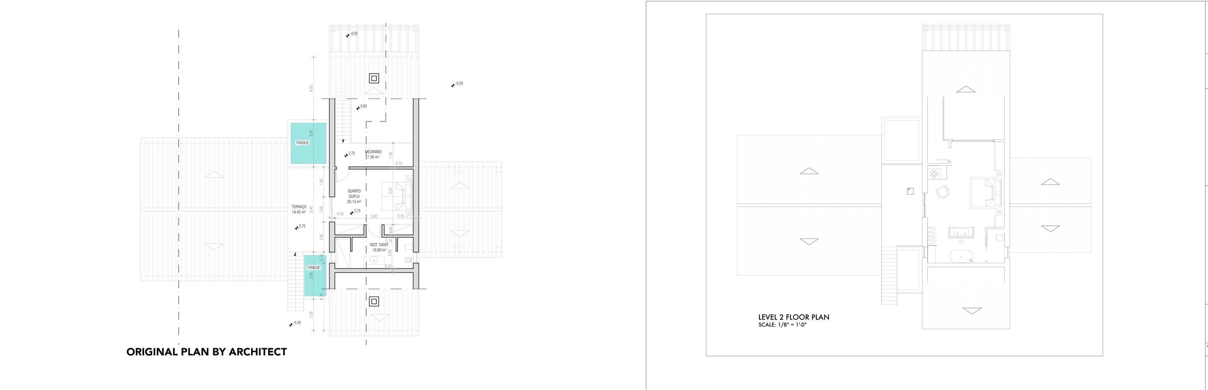 Architectural floor plans side by side, with the left labeled 'Original Plan by Architect' showing detailed room layouts and the right labeled 'Level 2 Floor Plan' showing an outline of the second floor.