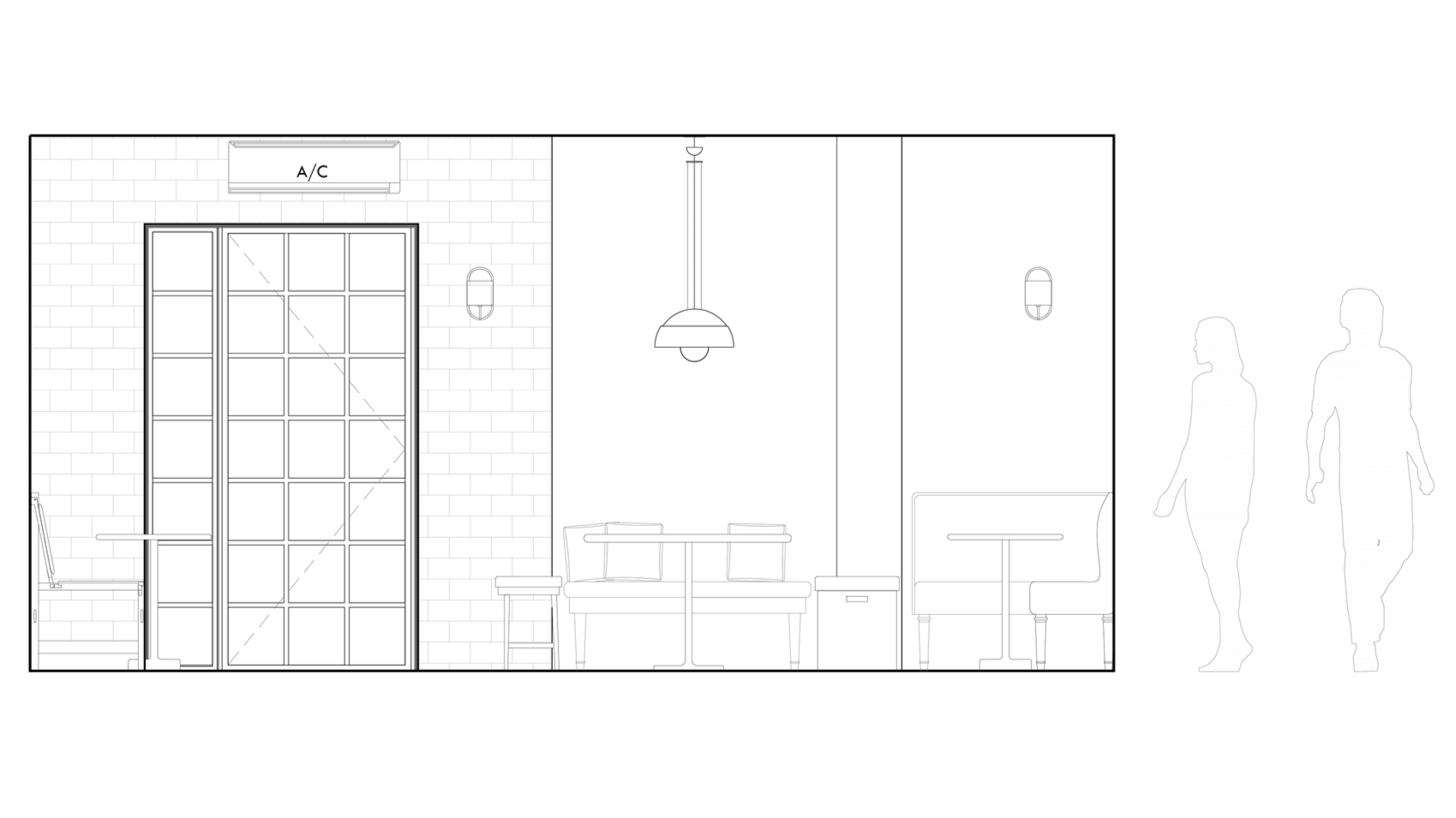 Line drawing of a modern small apartment interior with a sliding glass door, a dining table with chairs, a pendant light, wall sconces, and a split air conditioning unit, with silhouettes of two people outside.